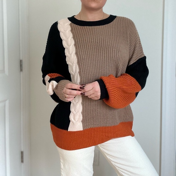 Oversized Color Block Chunky Knit Sweater With Braid Detail - Picture 1 of 9